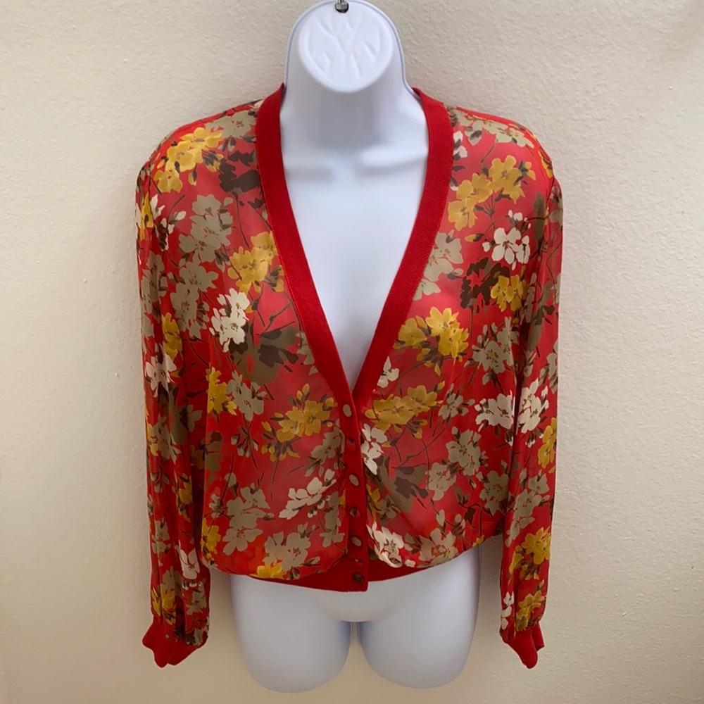 Valentino Miss V  Silk Sheer Red Floral  Cardigan 40-6